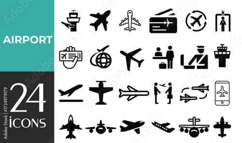 Airport set of web icons in line style. Air travel icons including plane, ticket, passport, luggage, transport, check-in, pilot, stewardess, duty free shop. Editable stroke. Vector illustration