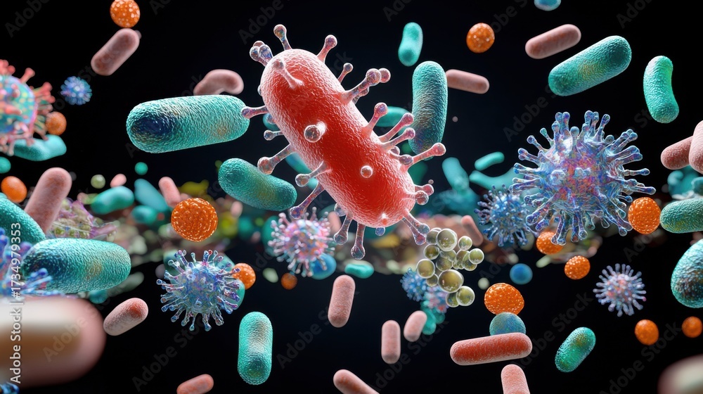 Fototapeta premium Vibrant Microbial Scene with Central Red Microbe and Iridescent Background