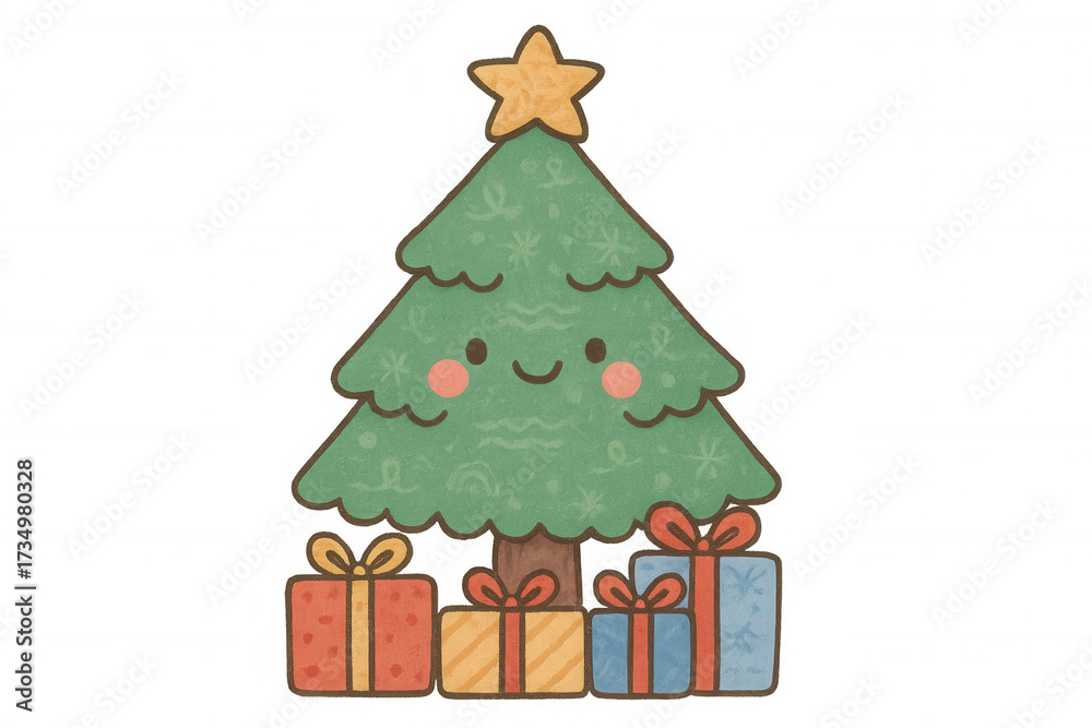 Naklejka premium Cute christmas tree character with presents at its base, celebrating holiday season with joy