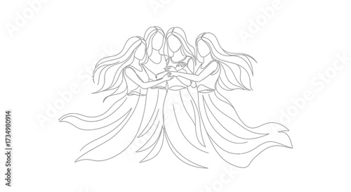 Four Graceful Women in Flowing Dresses Hold Hands Together