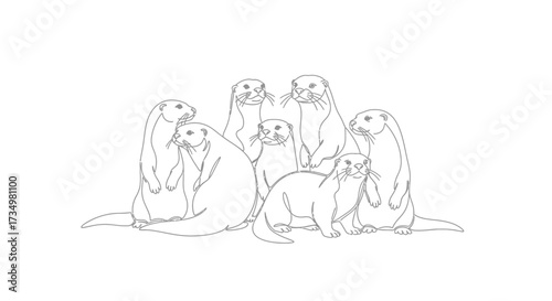 A Delightful Gathering An Elegant Black and White Otter Family Illustration