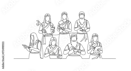 Single Line Drawing Of A Group Of People In Traditional Clothing