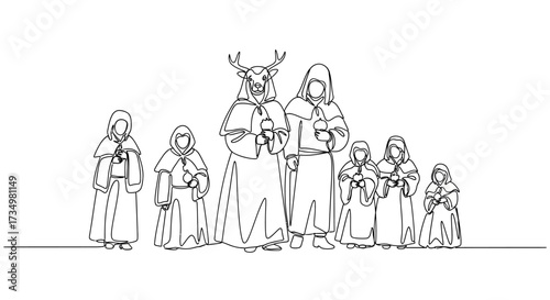 Mystical Gathering Silhouette of a Procession of Cloaked Figures in Unison