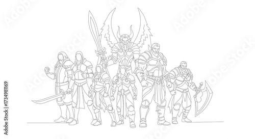 Line Art Depiction of a Fantasy Warrior Group Standing Together Courageously