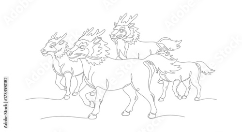 Elegant Line Art A Herd of Mythical Deer Grazing in a Snowy Landscape