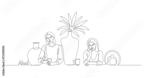 Contour Art of Two Women Facing Away From Each Other with Plants