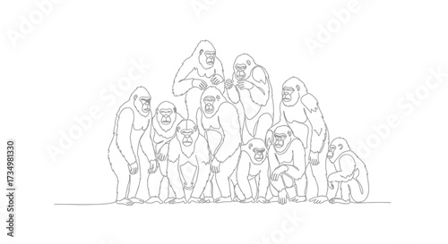Group of Gorillas Sketch Illustration A Detailed Black and White Study