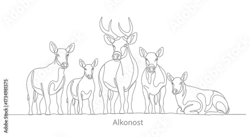 Linear Silhouette of a Deer Family Buck, Doe, and Their Young Offspring