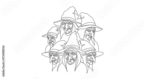 Coven of Witches Line Art Illustration for Halloween Coloring Page Project