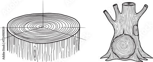 Illustrative depiction of tree rings on a log cross-section and wood grain on a gnarled tree trunk.