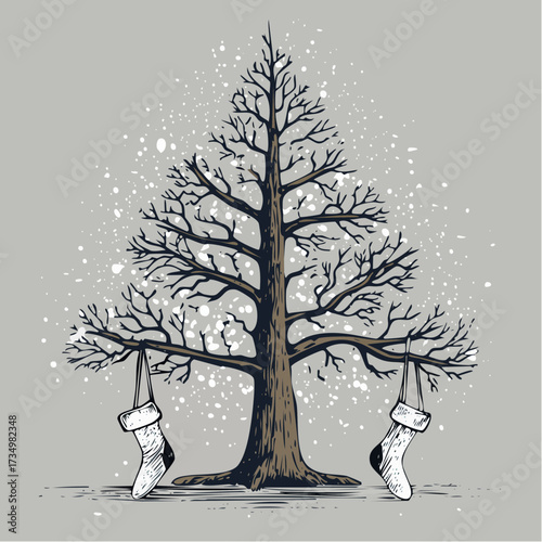 nostalgic bare tree holiday card minimal ink-sketch composition for moody seasonal decor and posters