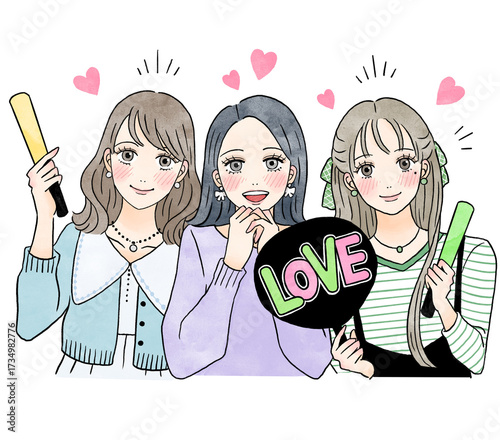 推し活をする女性３人のイラスト