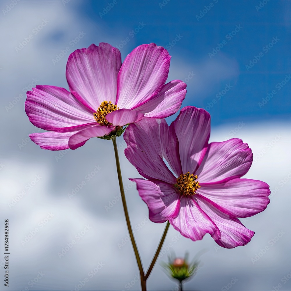 Fototapeta premium Two vibrant pink cosmos flowers bloom against a light blue sky, their delicate petals showcasing a beautiful gradation of color.