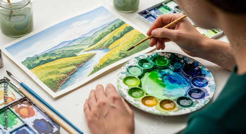 A woman is painting a watercolor landscape with a brush and a palette of colors, creating a beautiful artwork in her studio with natural light