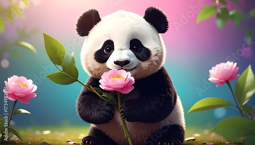Cute panda with pink flowers