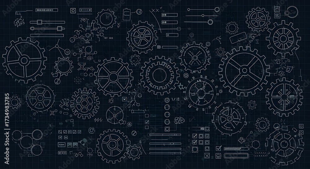 Mechanical Gears Blueprint, Engineering Schematic Drawing, Technical Cogs Background