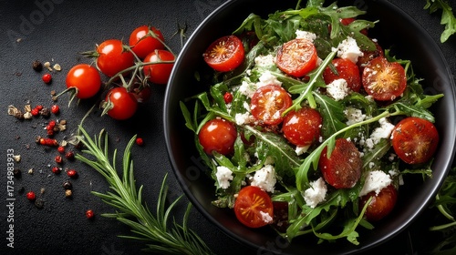 Fototapeta Naklejka Na Ścianę i Meble -  Fresh Garden Salad with Cherry Tomatoes and Arugula on Dark Background