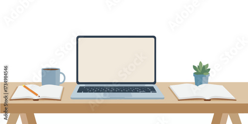 Office Desk with Computer and Stationery Vector