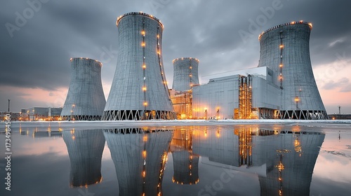 Nuclear power plant with cooling towers reflecting in water under a cloudy sky.