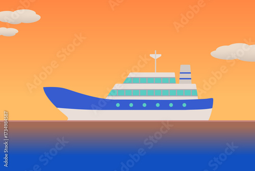 赤い空の下で夕暮れの海を進んでいく旅客船 シンプルな風景イラスト