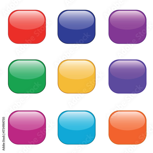 Vector art of nine glossy, rounded square buttons in solid and gradient colors