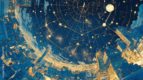 1980年代アニメのような雰囲気で描かれた都市と星空の手描きイラスト素材｜星座と夜の静けさが調和する幻想的な風景｜ロマンチックな夜景背景