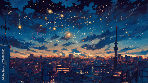 1980年代アニメのような雰囲気で描かれた都市と星空の手描きイラスト素材｜星座と夜の静けさが調和する幻想的な風景｜ロマンチックな夜景背景