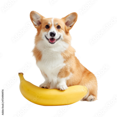 Adorable corgi sitting on a banana isolated on transparent background, looking at the camera with a happy expression