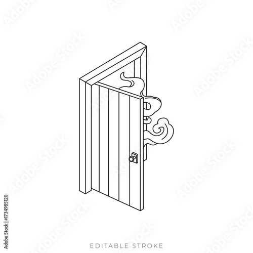 Haunted Wooden Door Isometric Vector Outline Spooky Entrance Icon