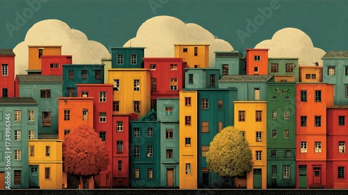 Colorful buildings and trees under a cloudy sky in an illustration style.