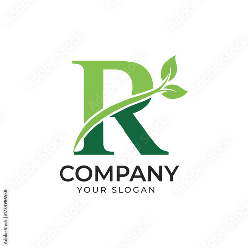 Vector art of green letter r logo with a leaf and vine, representing nature and growth for a company