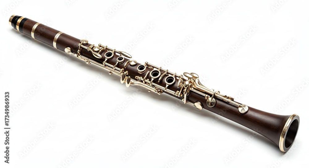 Naklejka premium Acoustic Clarinet Musical Instrument with Silver Keys on White Background.