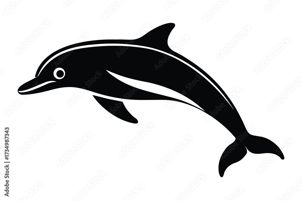Fototapeta premium swimming dolphin silhouette vector illustration on black colour and white background