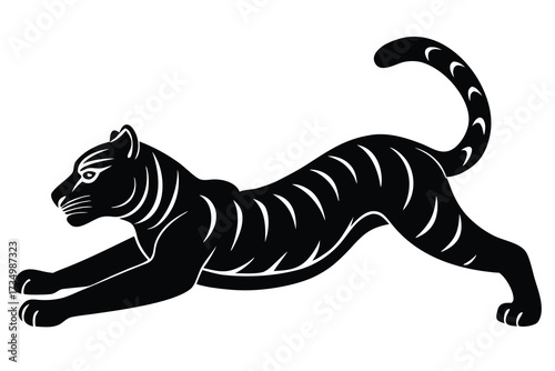 stretching tiger silhouette vector illustration on black colour and white background