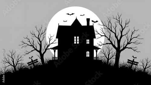 Haunting Full Moon Over an Abandoned House