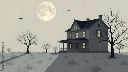Haunting Full Moon Over an Abandoned House