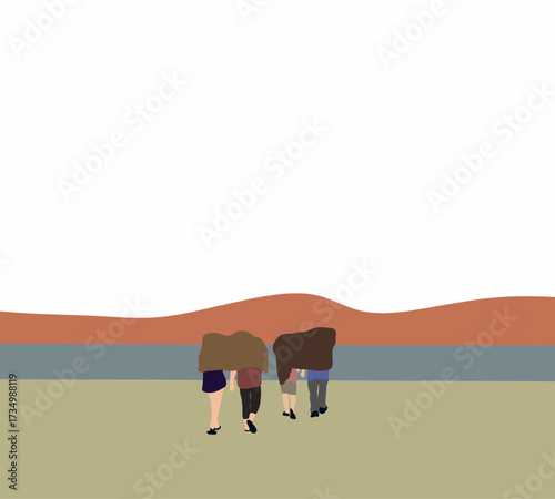 Couples use cloth cover their head for protect sun or rain walking on the beach. Romantic teenage lifestyle. 