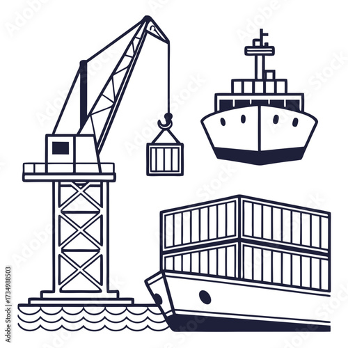 Illustration of a cargo ship being loaded by a crane in a busy port with shipping containers and water