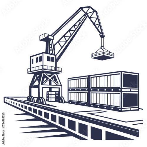 Industrial port crane lifting shipping container onto stacked cargo containers at a busy logistics terminal