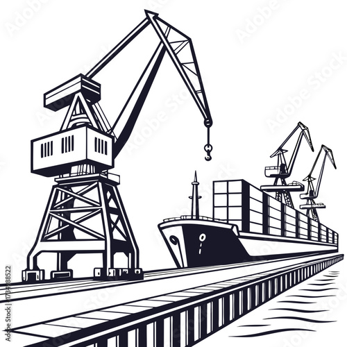 Industrial harbor scene with large cargo ship being loaded by massive cranes at a pier with white background