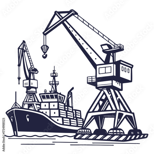 Illustration of a cargo ship being loaded and unloaded by large industrial cranes at a busy port