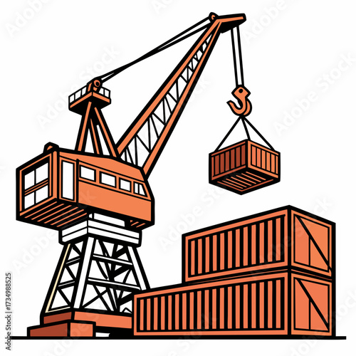 Industrial orange crane lifting a shipping container over stacked cargo containers at a port