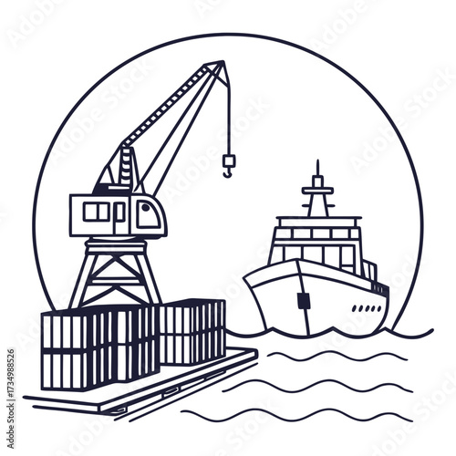 Industrial port scene with a cargo ship being loaded by a large crane and shipping containers on a dock
