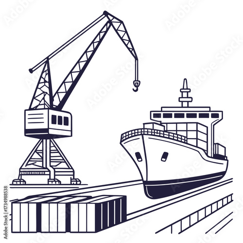 Industrial port scene with a large cargo ship being loaded by a tall gantry crane and shipping containers on the dock