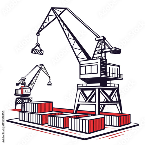 Industrial scene with large cargo cranes loading shipping containers at a busy port facility