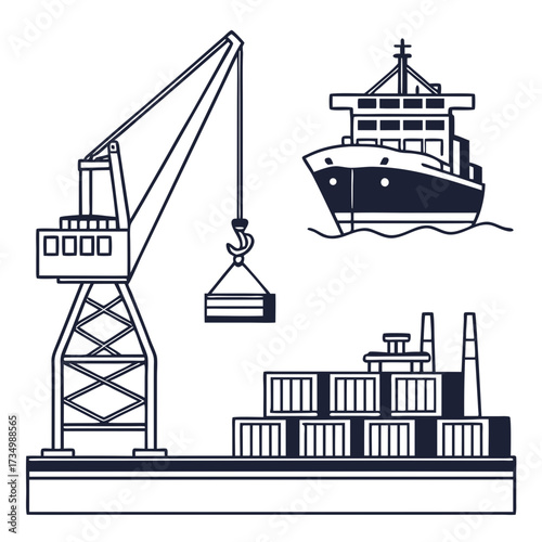 Industrial port scene with cargo ship crane loading container and stacked shipping containers on a barge