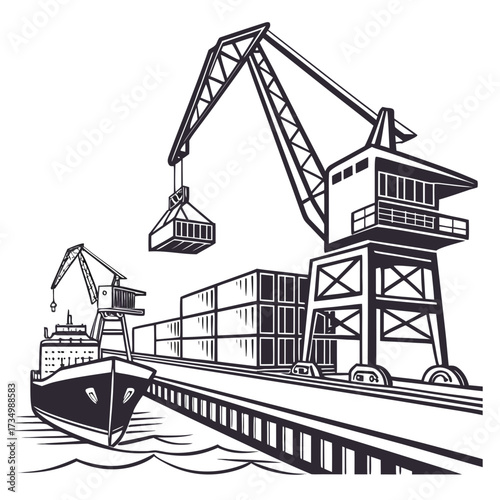Industrial shipping port with cargo ship and cranes loading shipping containers onto a dock