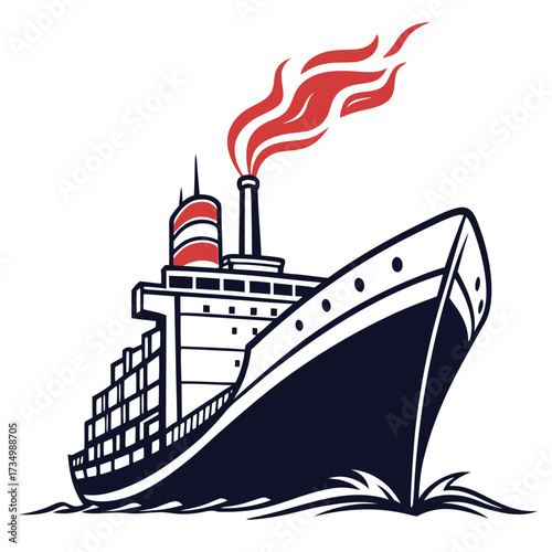 Stylized illustration of a large cargo ship with red smoke billowing from its funnel sailing on wavy blue water