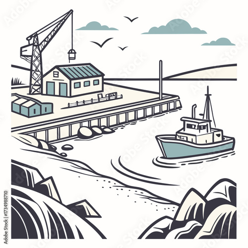 Stylized illustration of a coastal fishing harbor with a crane and boat docked at the pier under a cloudy sky