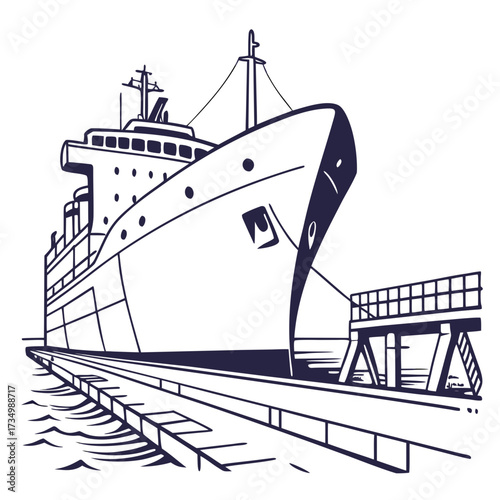 Stylized line art illustration of a large cargo ship docked at a pier with gentle waves below
